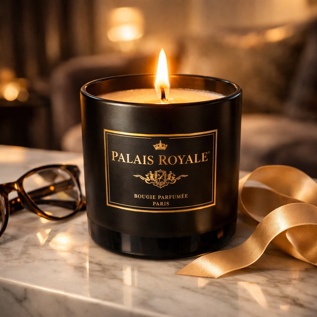 Lit Palais Royale luxury candle on marble table, symbol of Black-owned home decor and self-care