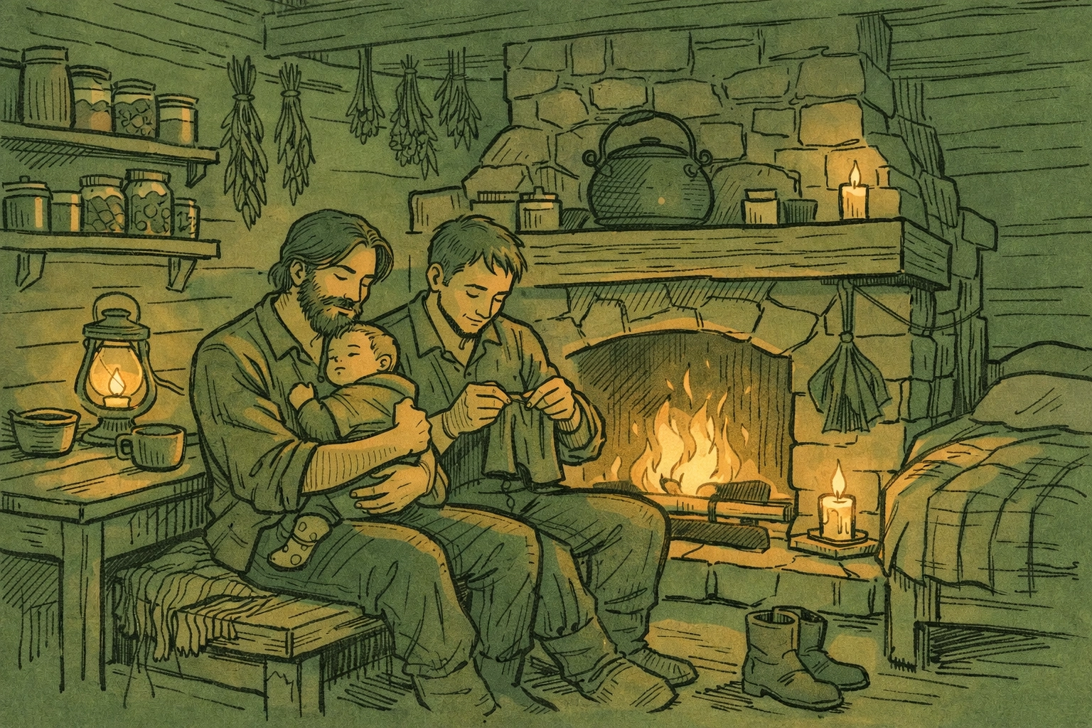 Gay fathers caring for toddler inside rustic frontier cabin by fireplace at night