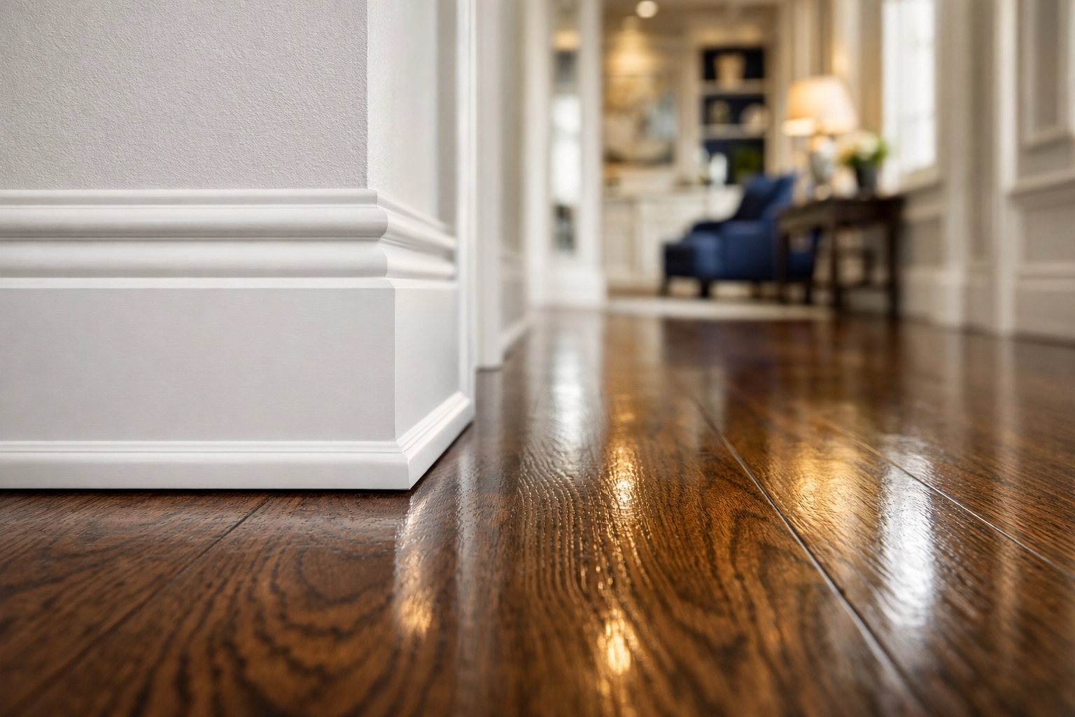 Meticulously cleaned white baseboards and polished hardwood floors after a Westborough house cleaning.