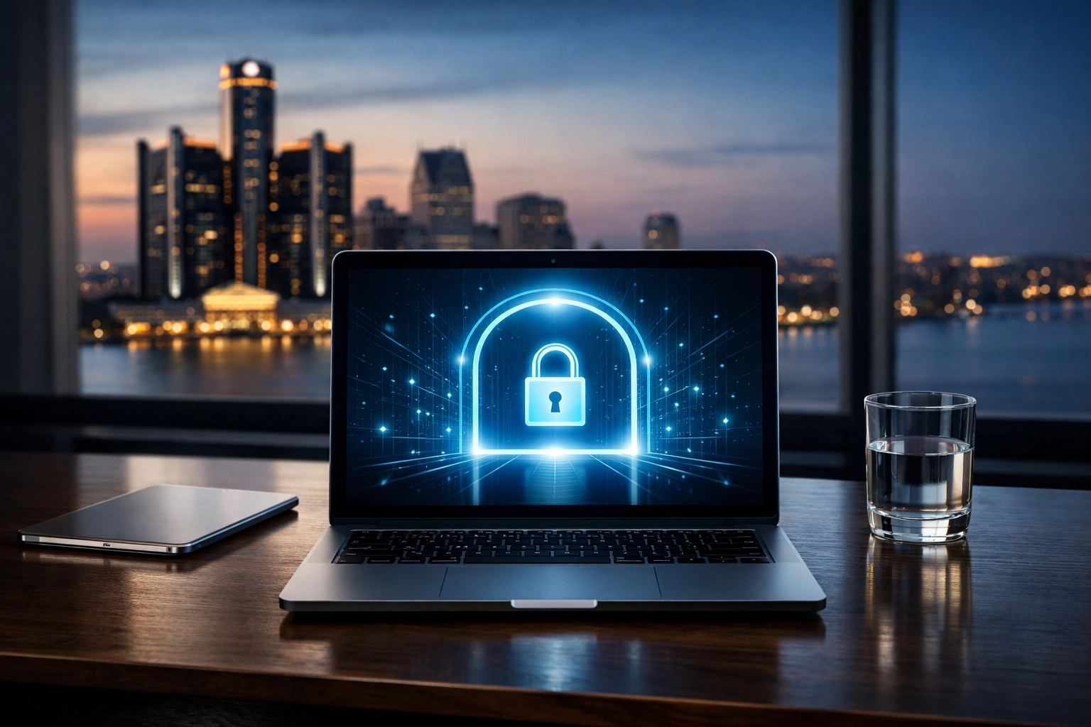 Secure website design for a small business shown on a laptop with the Detroit skyline in the background.