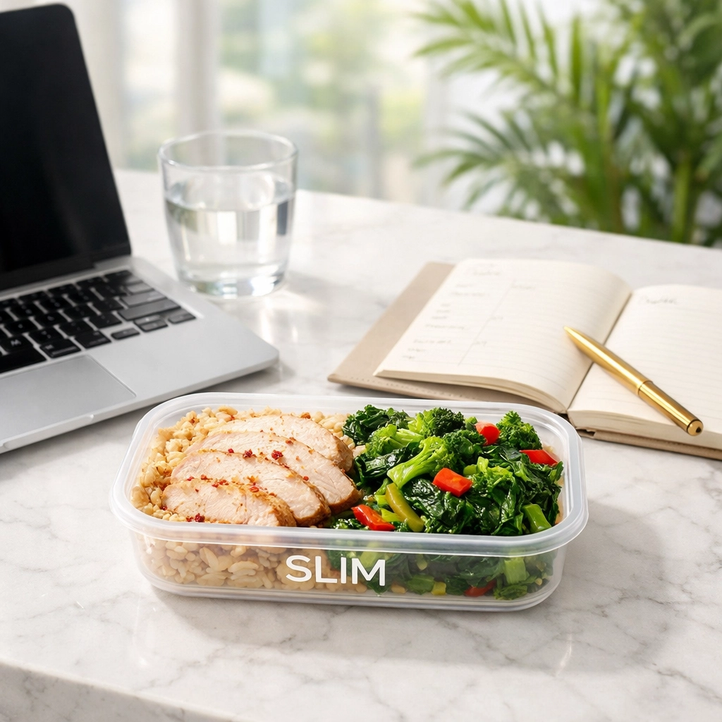 Slim portion controlled meal with turkey and greens on a modern office desk in Phoenix.