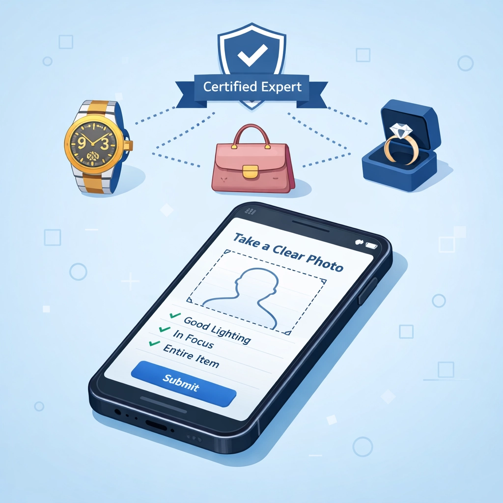 Real or Not authentication app showing luxury goods verification process on smartphone