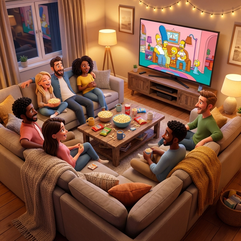 Group of friends enjoying a sitcom together on a living room sofa, showing the appeal of 30-minute shows