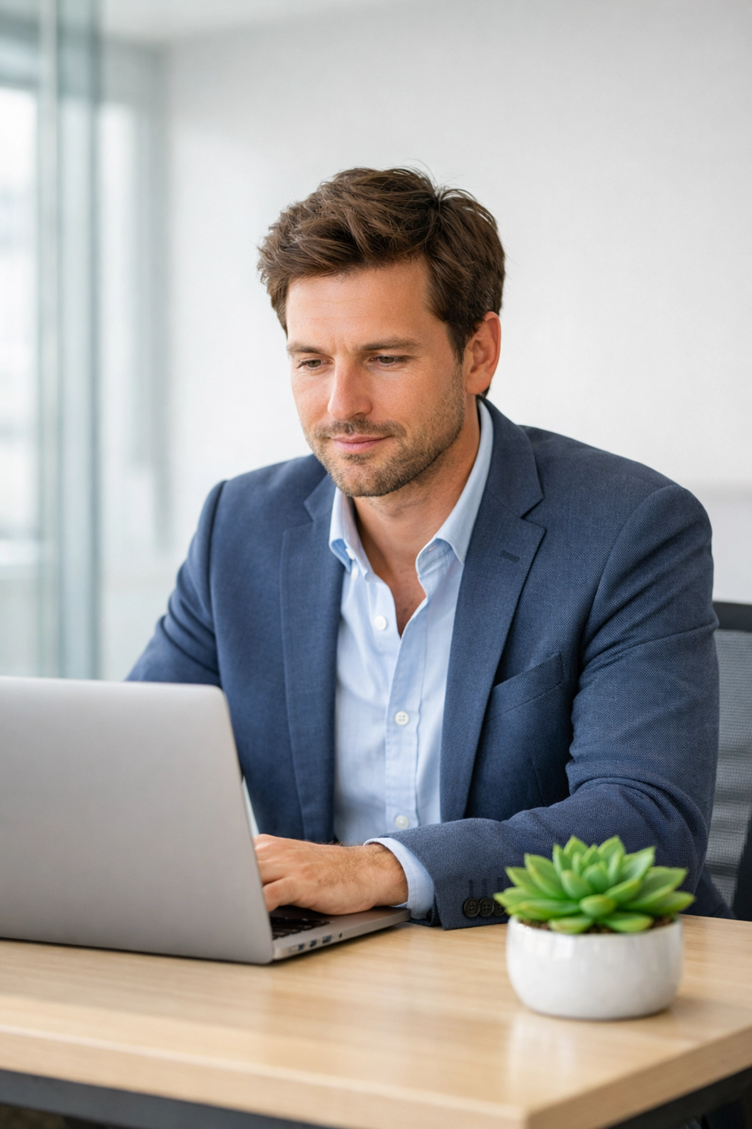 Startup founder analyzing key SaaS metrics on a laptop in a professional office setting.