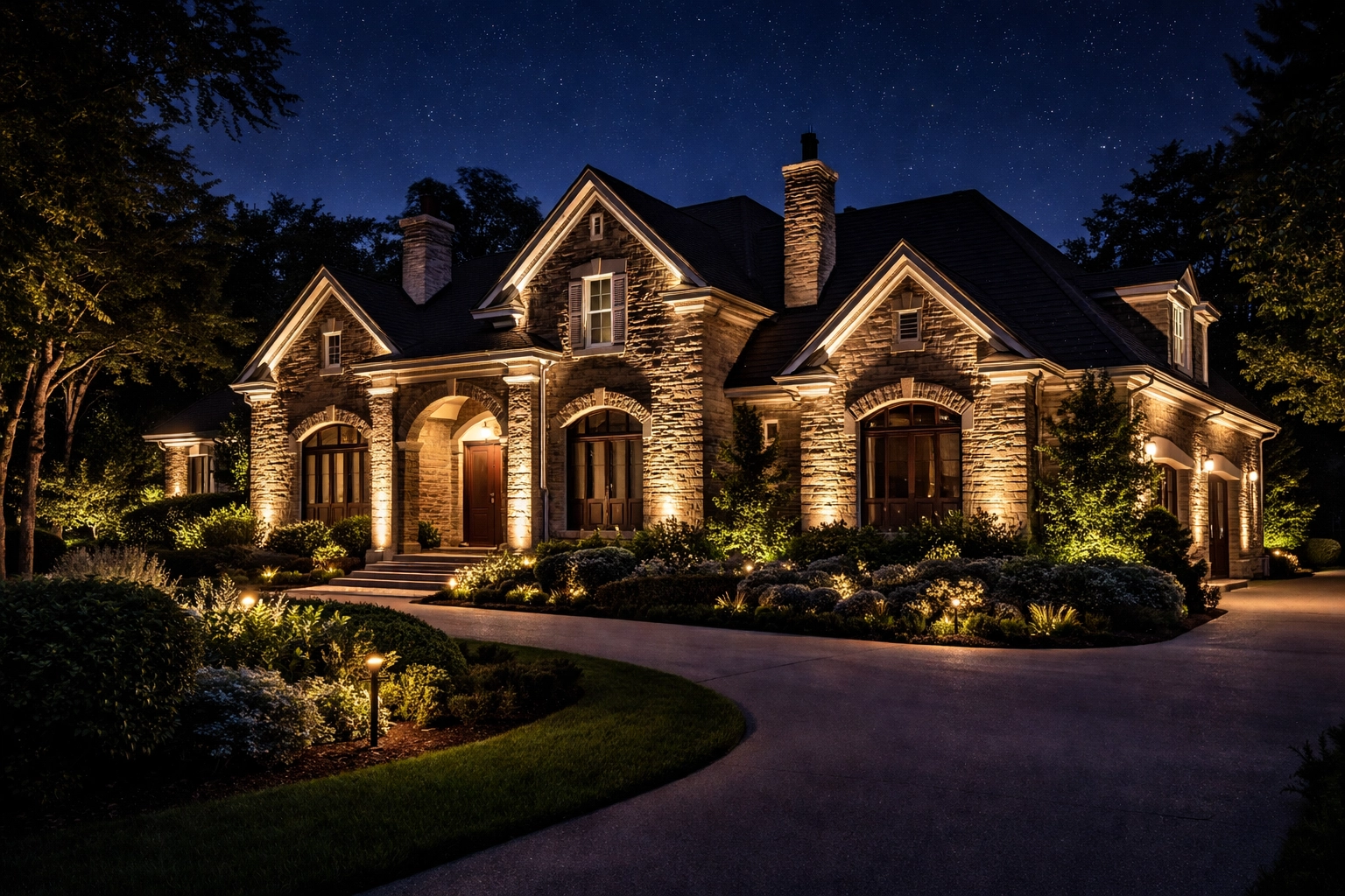Kentucky estate glowing at night with hidden permanent architectural lighting and subtle garden lights
