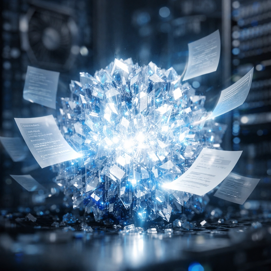 A glowing AI intelligence core processing digital documents for retrieval-augmented generation.