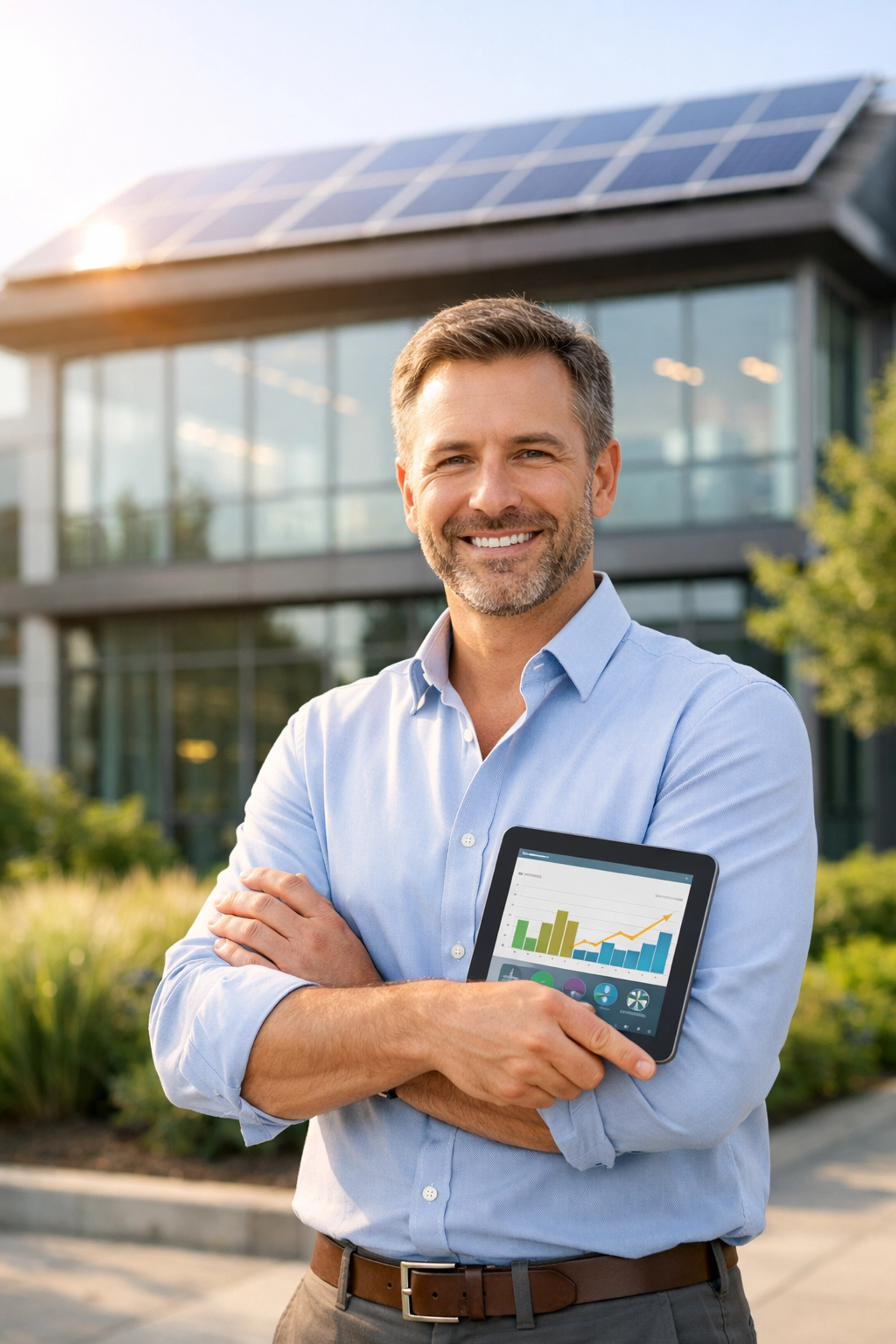 UK business owner standing proudly outside their commercial premises with rooftop solar panels