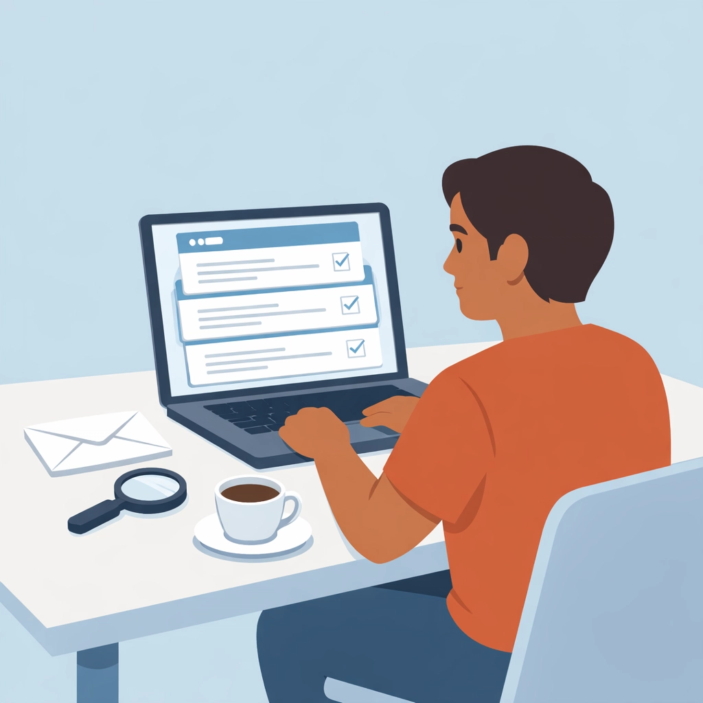 Latino revisando su reporte de crédito en una laptop para mejorar su puntaje y calificar a una casa.