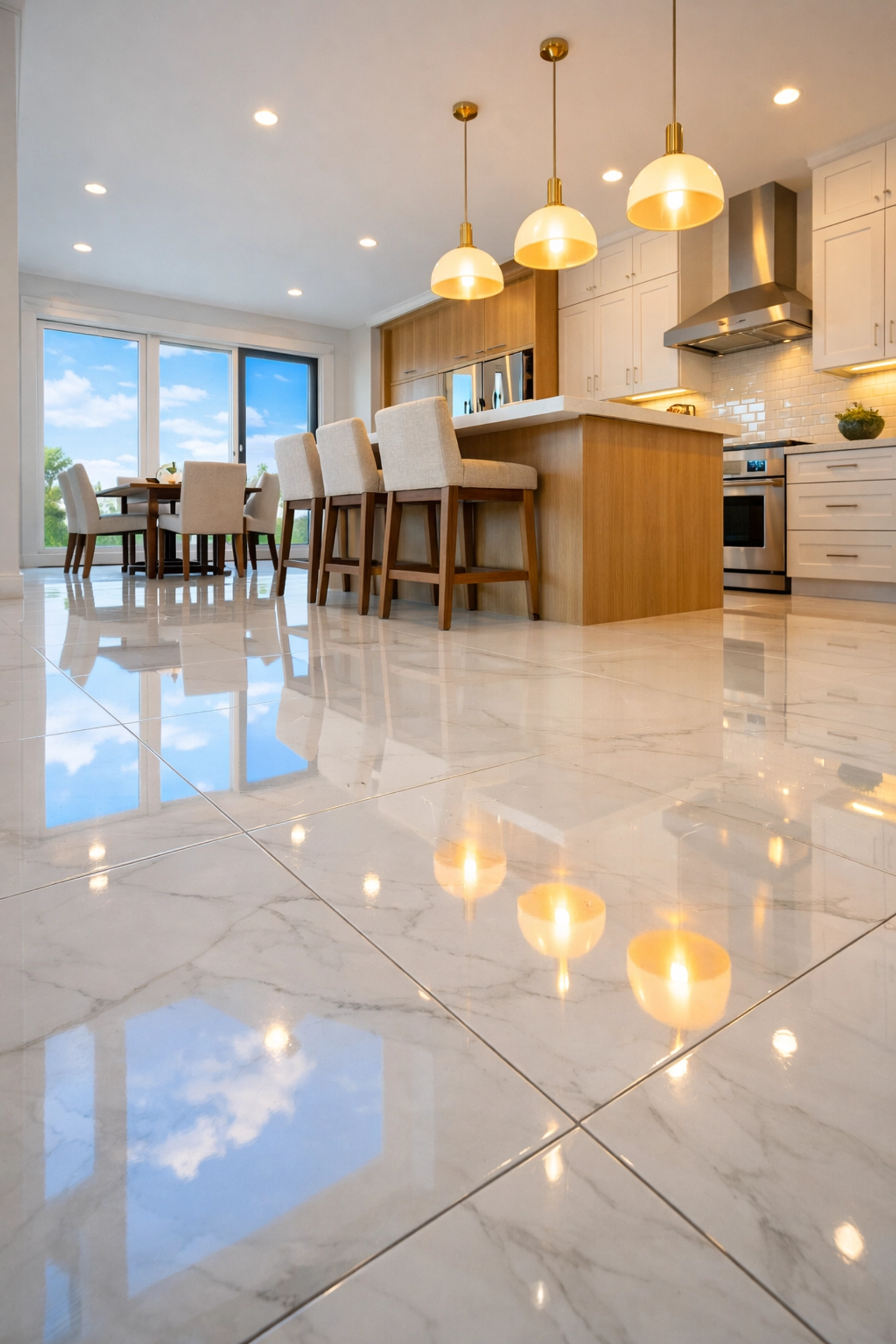 Spotless marble kitchen floor reflecting a clean home after post-construction services.