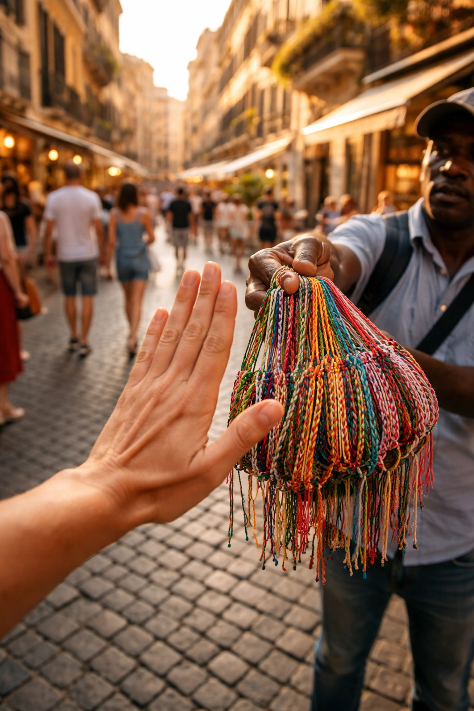 Tourist declines friendship bracelets from vendor at European street market, avoiding common travel scams in Rome or Barcelona.