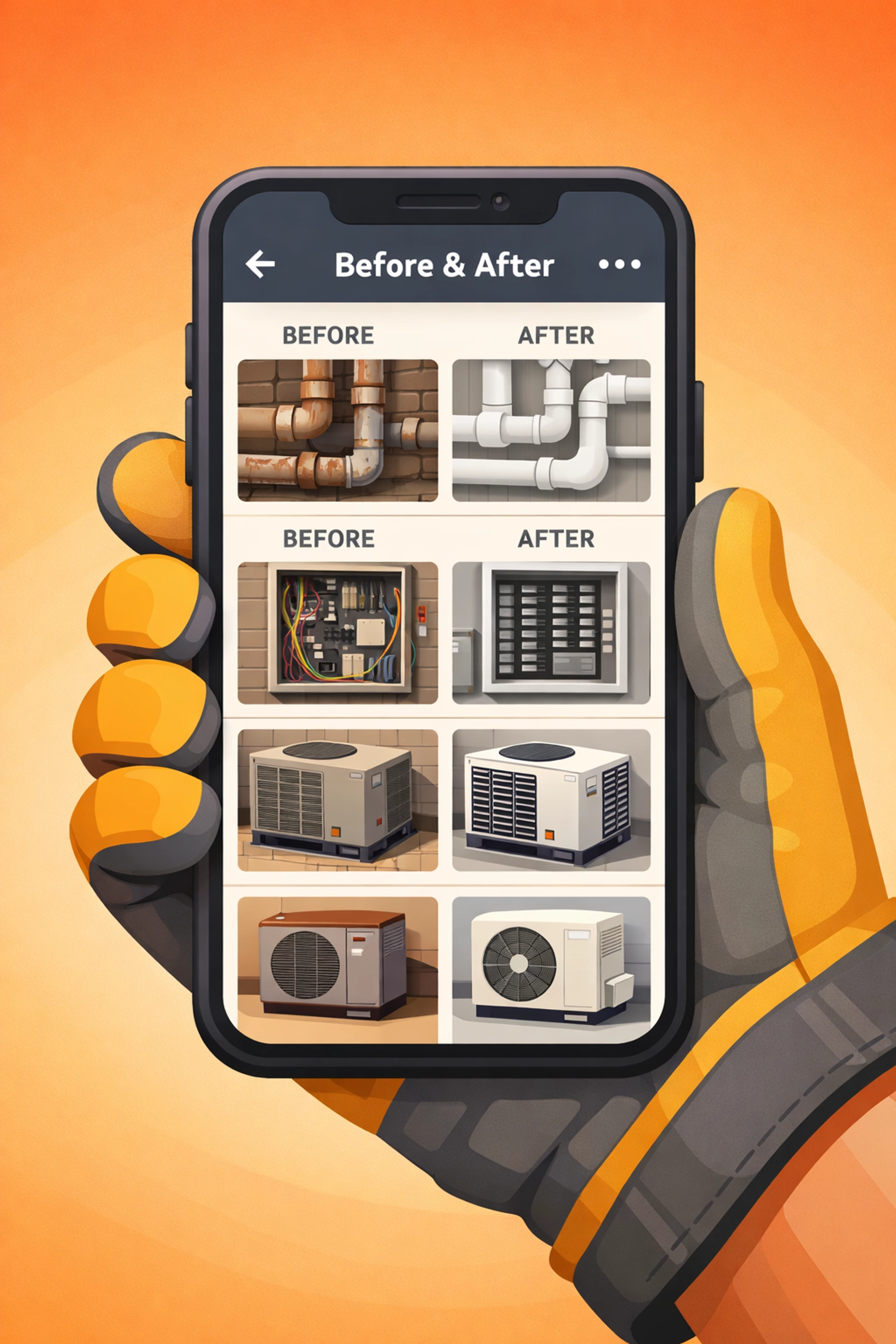 Contractor holding smartphone displaying construction photo documentation gallery