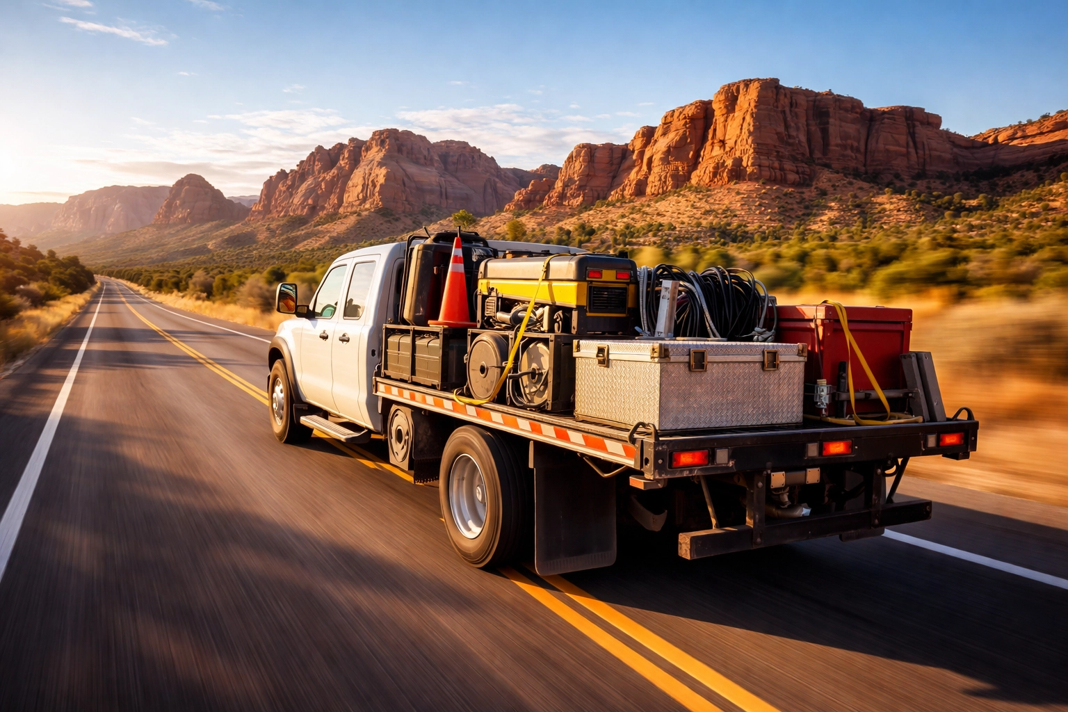 White delivery truck transporting construction equipment on a highway, illustrating goods in transit coverage for inland marine insurance.