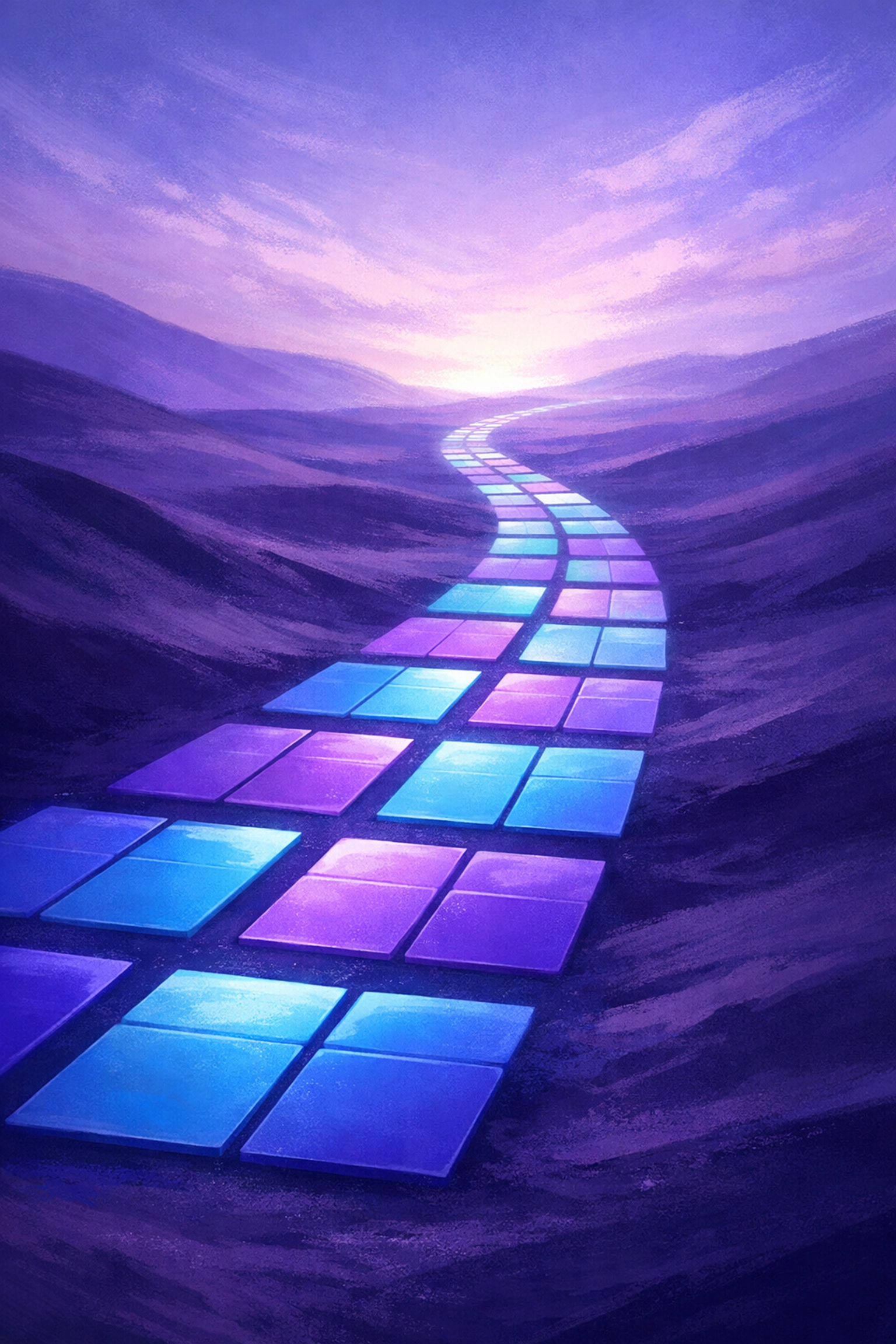 A path of blue calendar tiles leading through a desert toward resilience and burnout recovery.