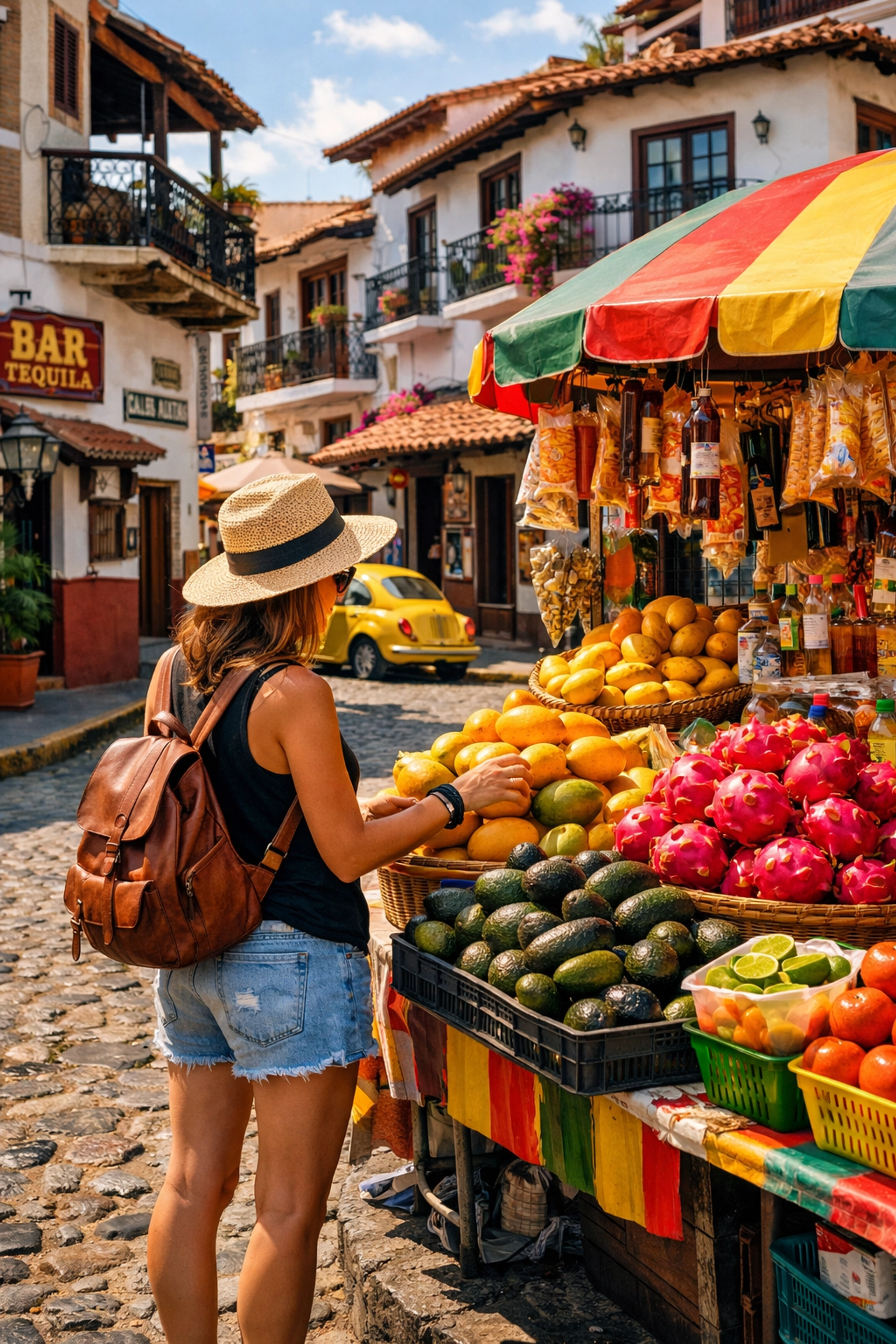 Solo traveler browsing a colorful fruit market on a cobblestone street in Old Town Puerto Vallarta.