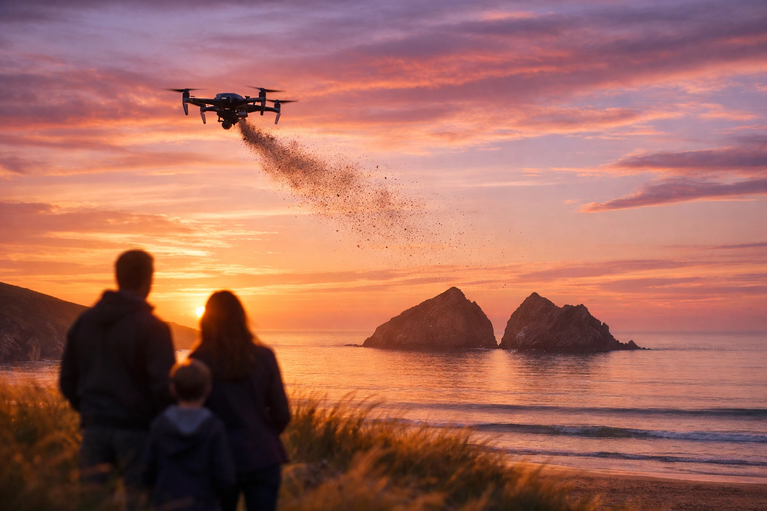 Dignified drone ashes scattering ceremony over the sea at Holywell Bay, Cornwall, during a peaceful sunset.