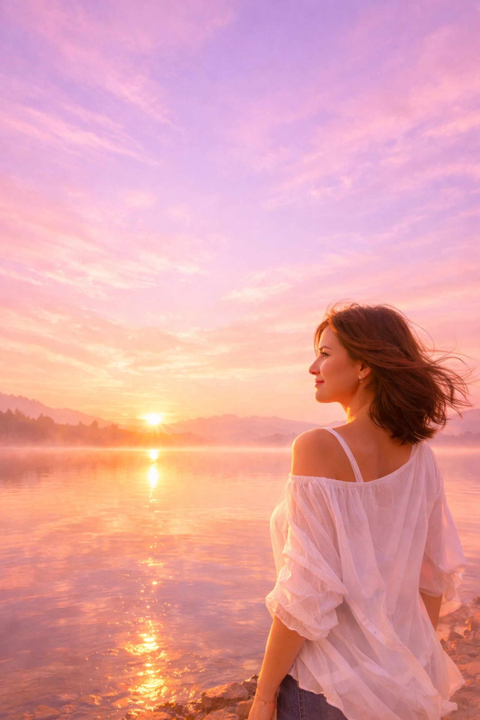 A woman smiling at sunrise, symbolizing resilience and the journey to safety and healing.