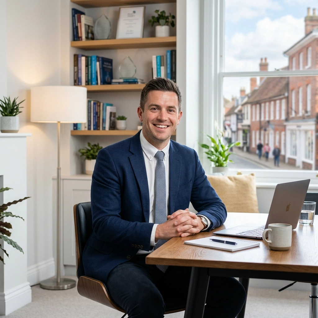 A professional financial adviser in a bright Woodbridge office, ready to guide clients through their mortgage journey.