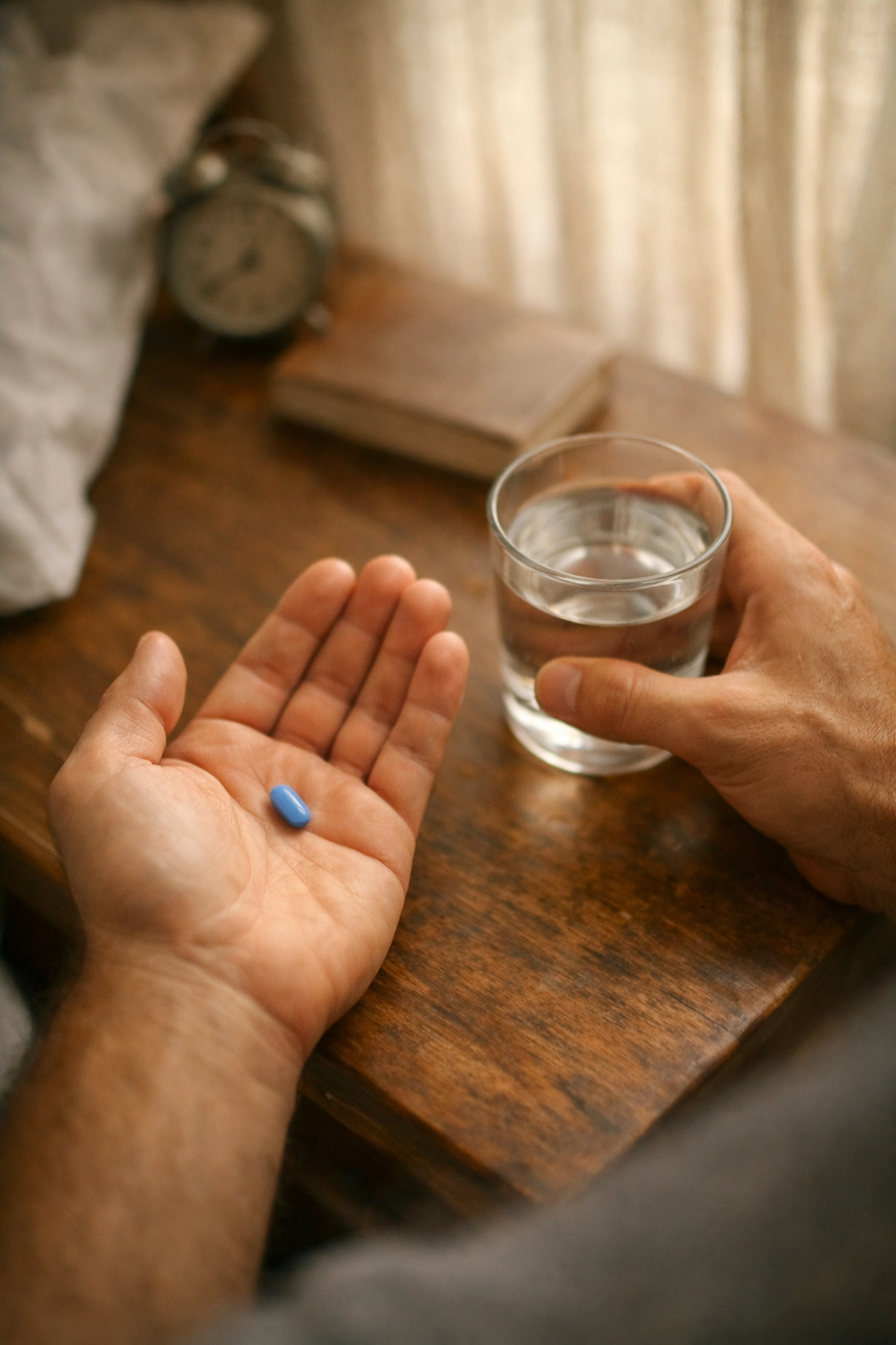 Férfi keze potencianövelő tablettával - gyakori hiba a merevedési zavar kezelésében