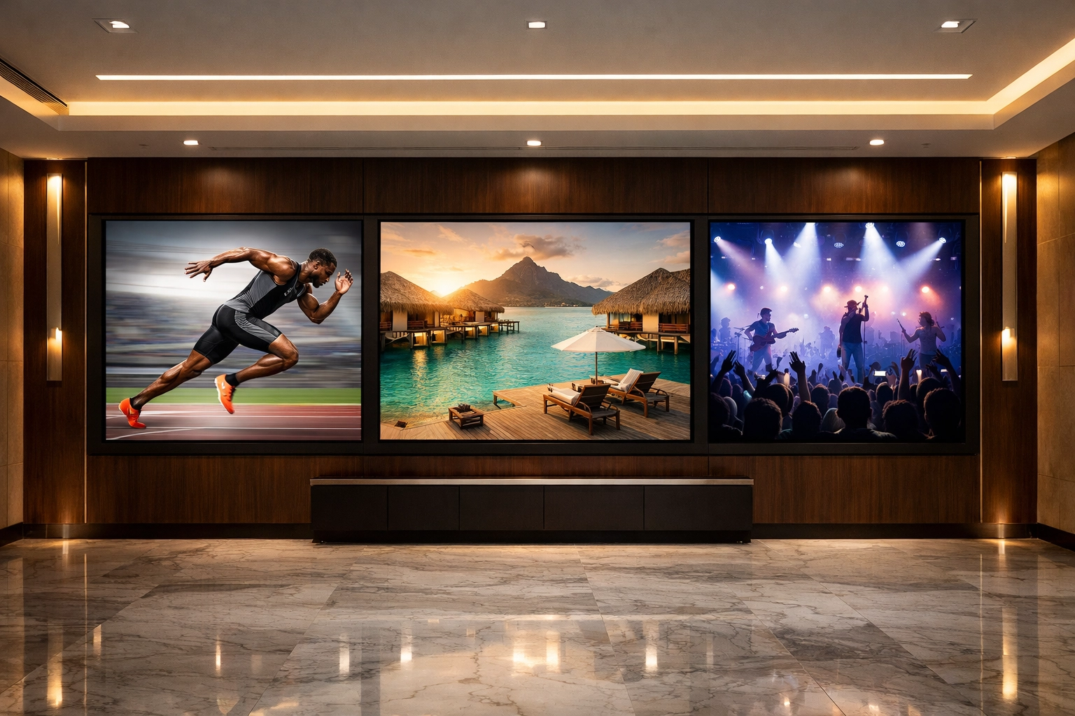 Corporate gallery displaying multi-industry media assets including sports, travel, and concert entertainment.