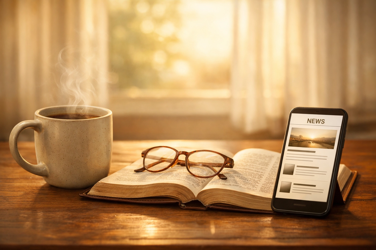 Morning coffee with open Bible and smartphone displaying peaceful Christian news brief
