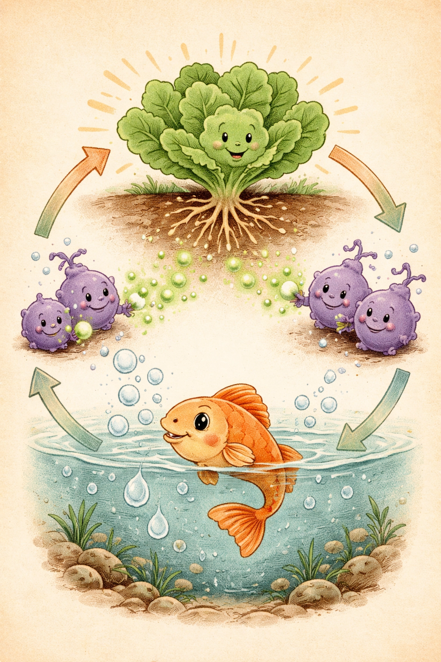 Illustration of the nitrogen cycle with fish, bacteria, and plants in a whimsical storybook scene
