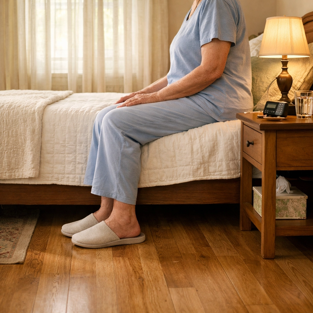 Safe bedroom setup showing proper bed height and clear pathways for seniors