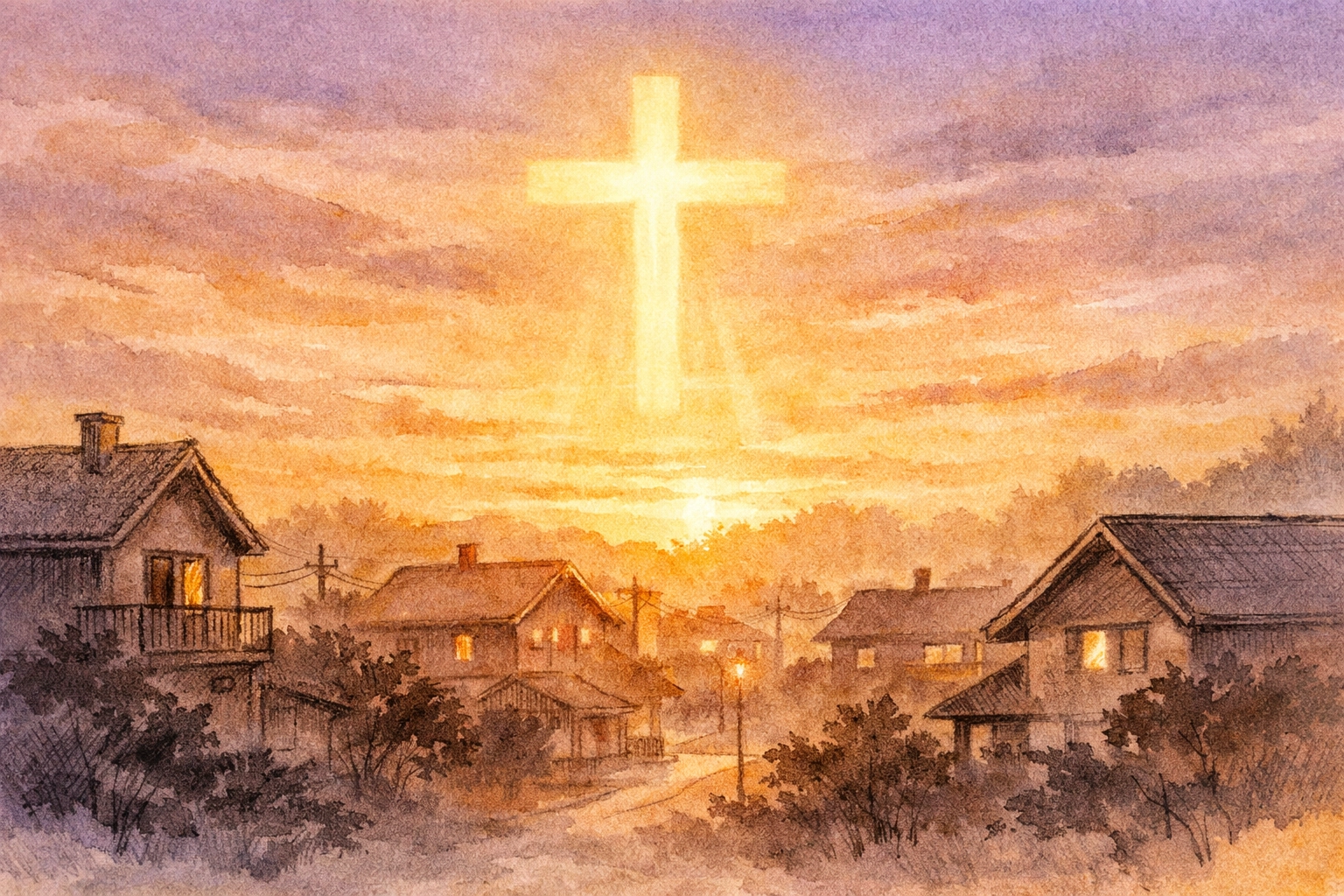 Watercolor painting of a sunrise over a peaceful neighborhood with a glowing cross representing God's protection.