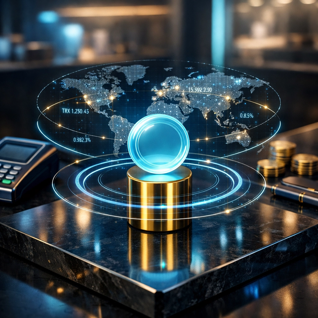 Secure digital LUSD stablecoin on a merchant counter representing LUSD stablecoin benefits and Web3 global payments.