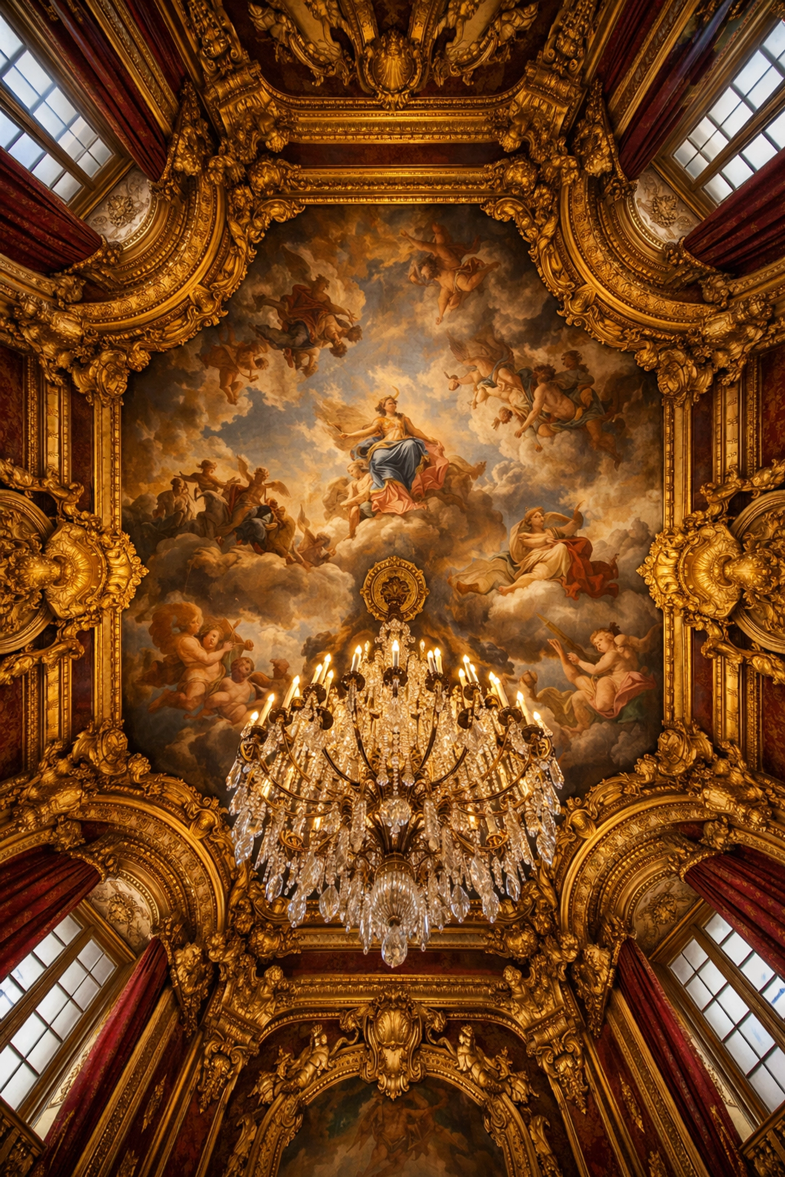 Elaborate ceiling fresco and gold ornamentation inside a royal apartment at the Palace of Versailles.