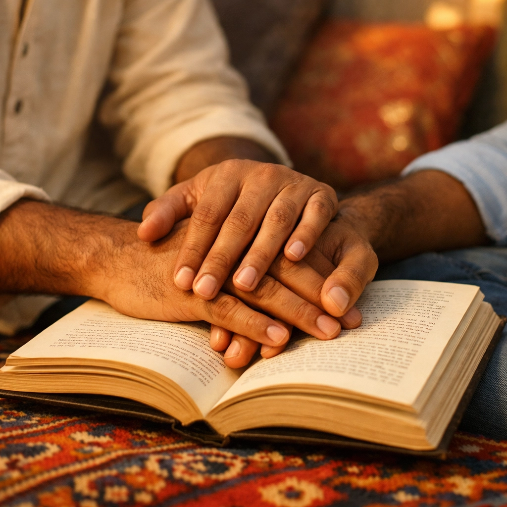 Two men's hands holding an open book together, highlighting the importance of LGBTQ+ representation in gay novels.