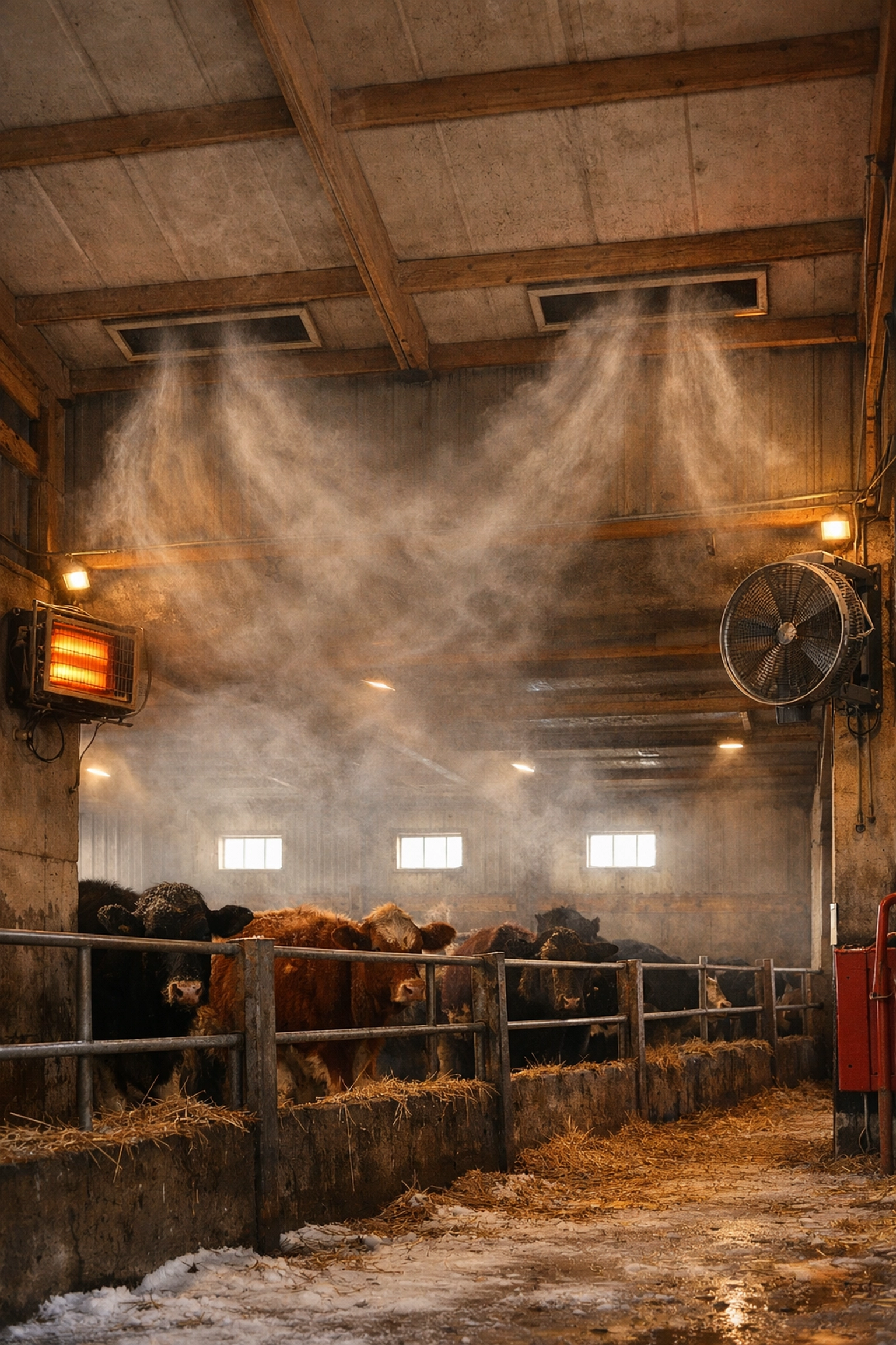 Modern livestock barn with minimal winter ventilation and heating for humidity control