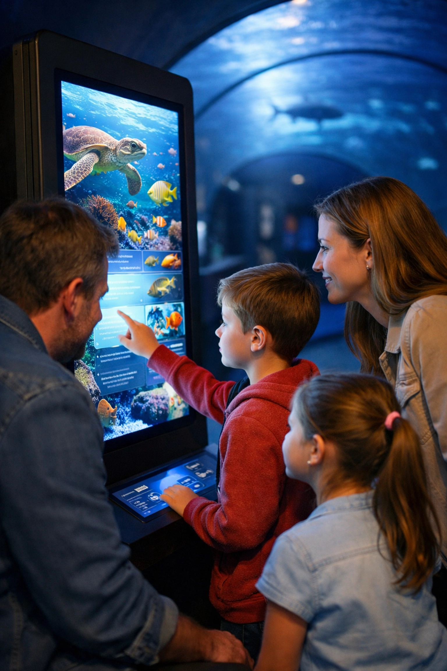 Family engaging with interactive educational kiosk at aquarium exhibit