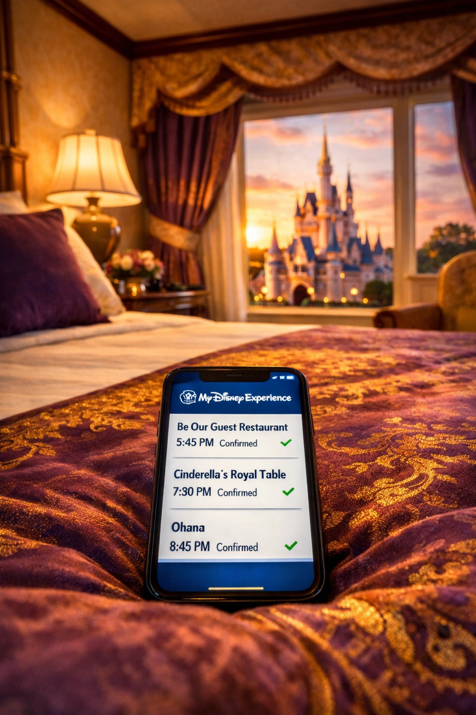 Disney Resort hotel room with Cinderella Castle view and successful dining reservations