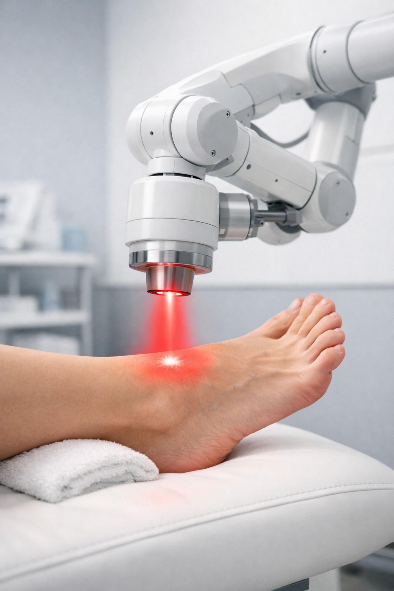 MLS Robotic Laser Therapy applying red light to a foot for neuropathy pain relief and natural nerve regeneration.