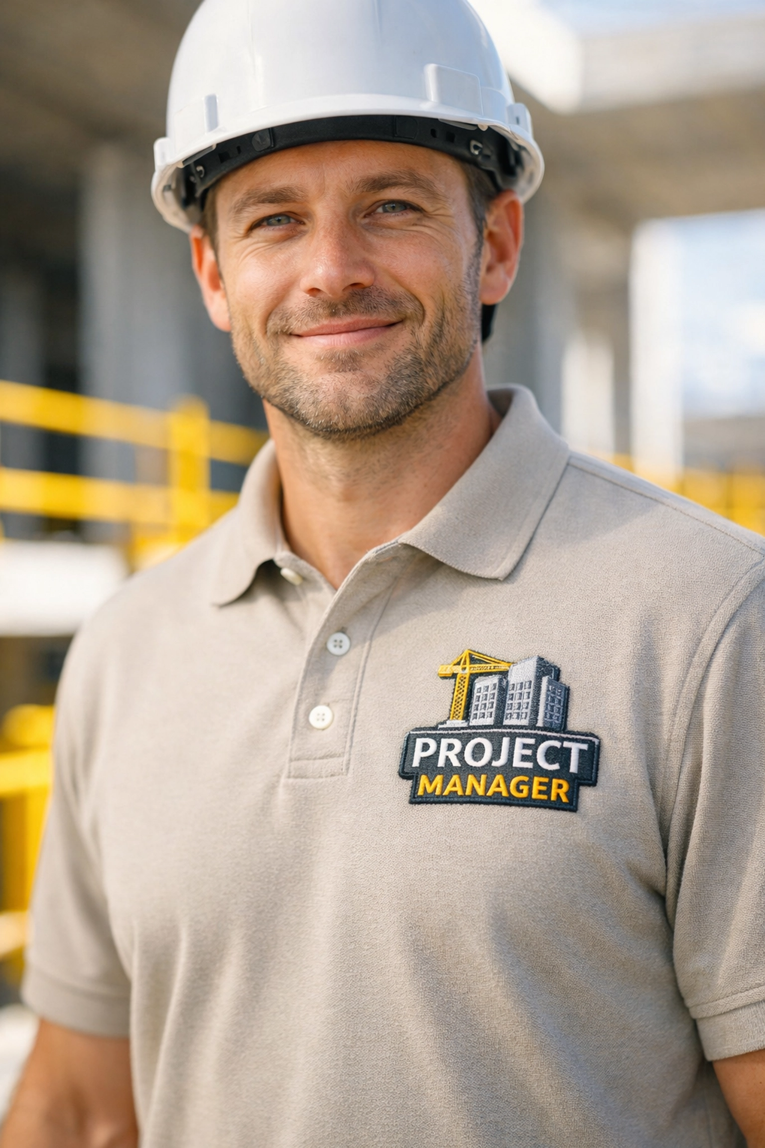 Project manager wearing custom embroidered polos on a construction site