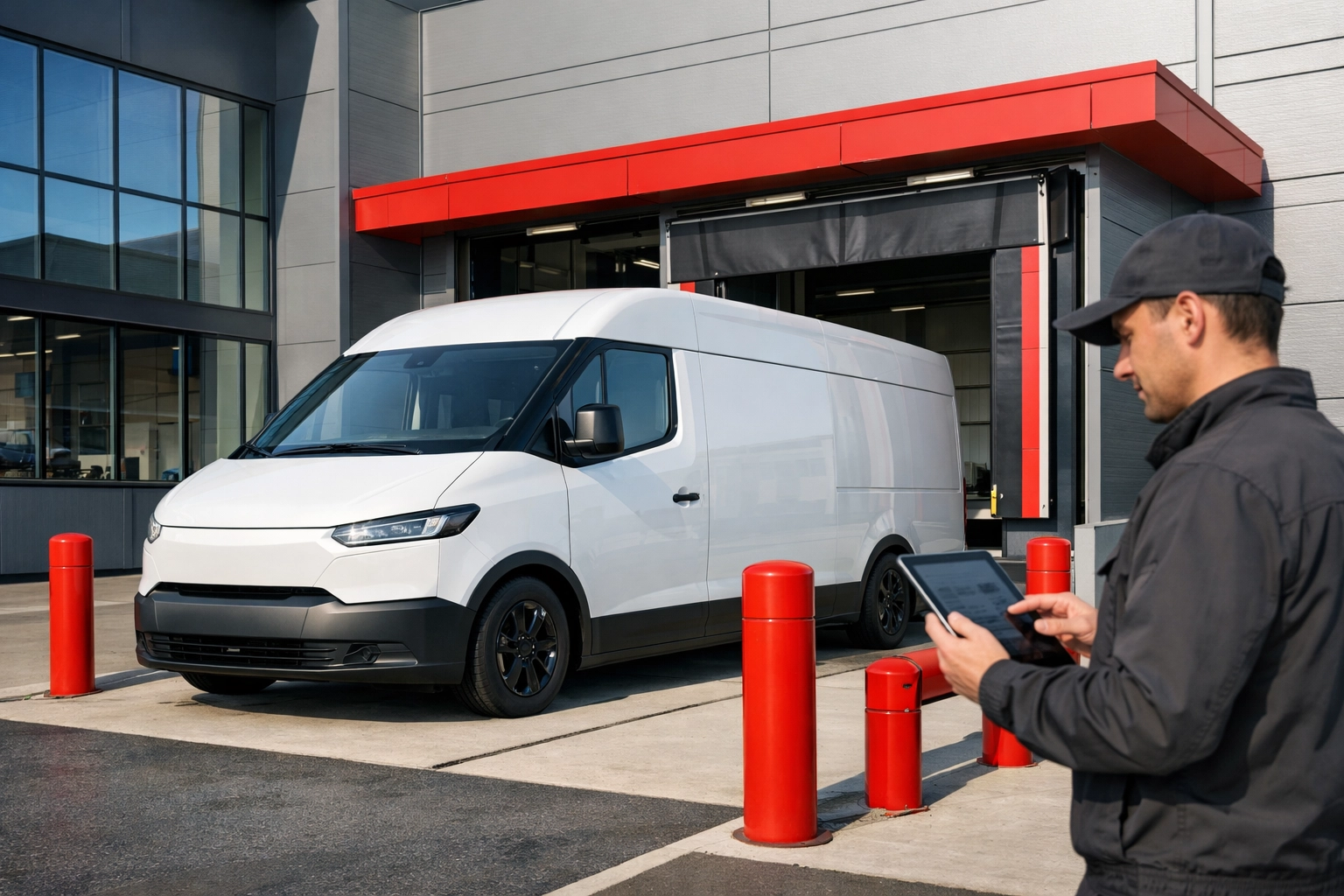 Delivery van at a modern loading bay for efficient retail logistics and warehouse fulfilment in Hertford.