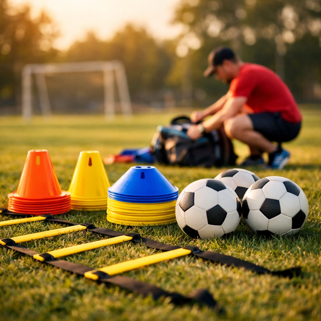 Multi-purpose youth coaching equipment including training cones, agility ladder and soccer balls on practice field