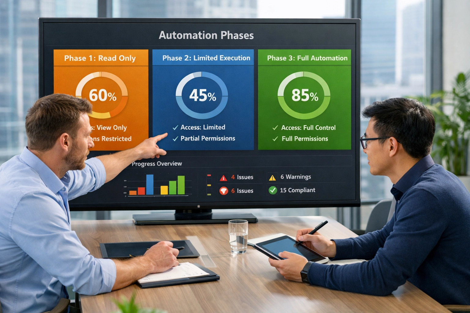 IT team reviewing phased AI agent governance dashboard for ServiceNow ITOM implementation