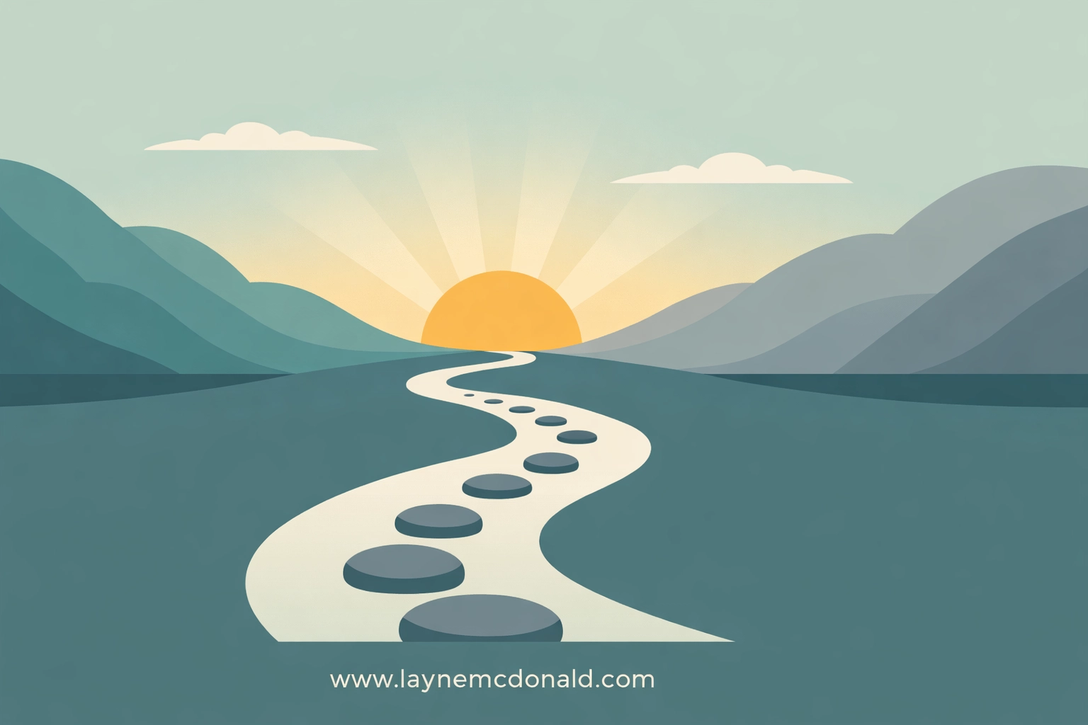 A stone-marked path leading to a sunrise, representing daily spiritual rhythms and emotional regulation.