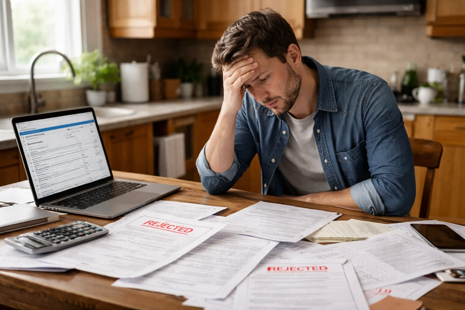 Stressed homeowner dealing with rejected Ontario building permit paperwork at a kitchen table