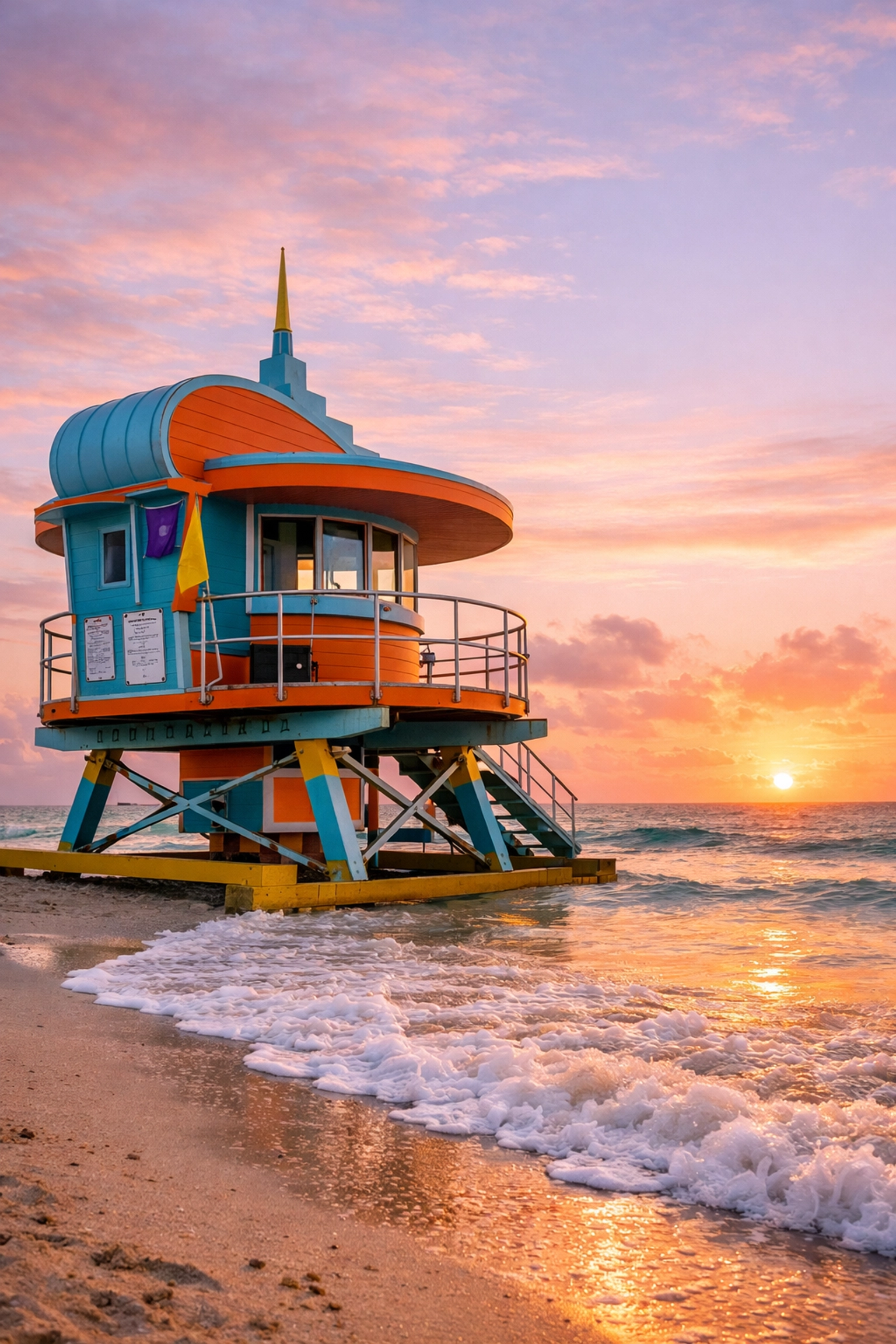 A vibrant South Beach lifeguard tower at sunrise, showcasing iconic Miami photo spots and coastal scenery.