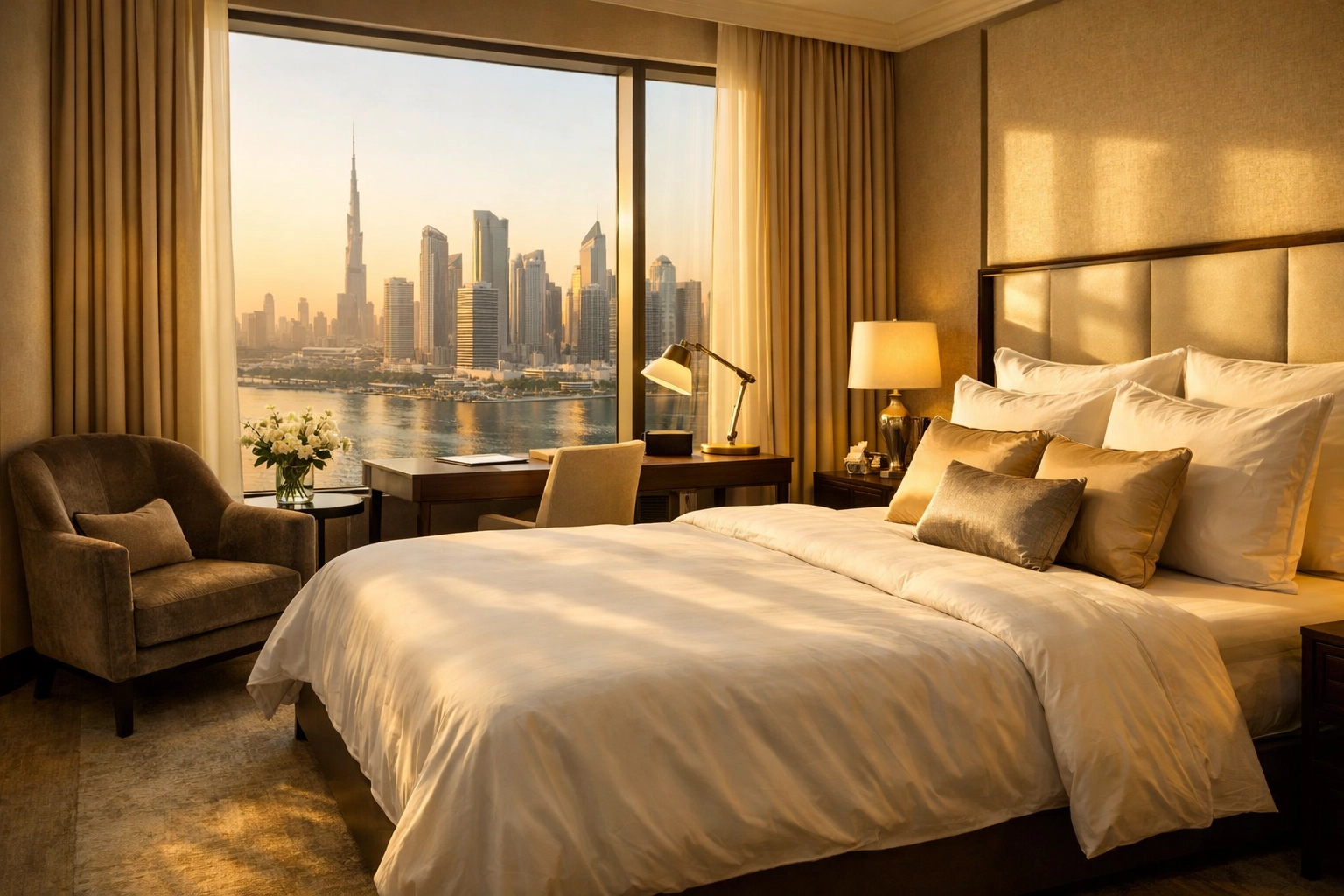 Five-star luxury hotel suite bedroom providing a quiet sanctuary for executive travel guests.