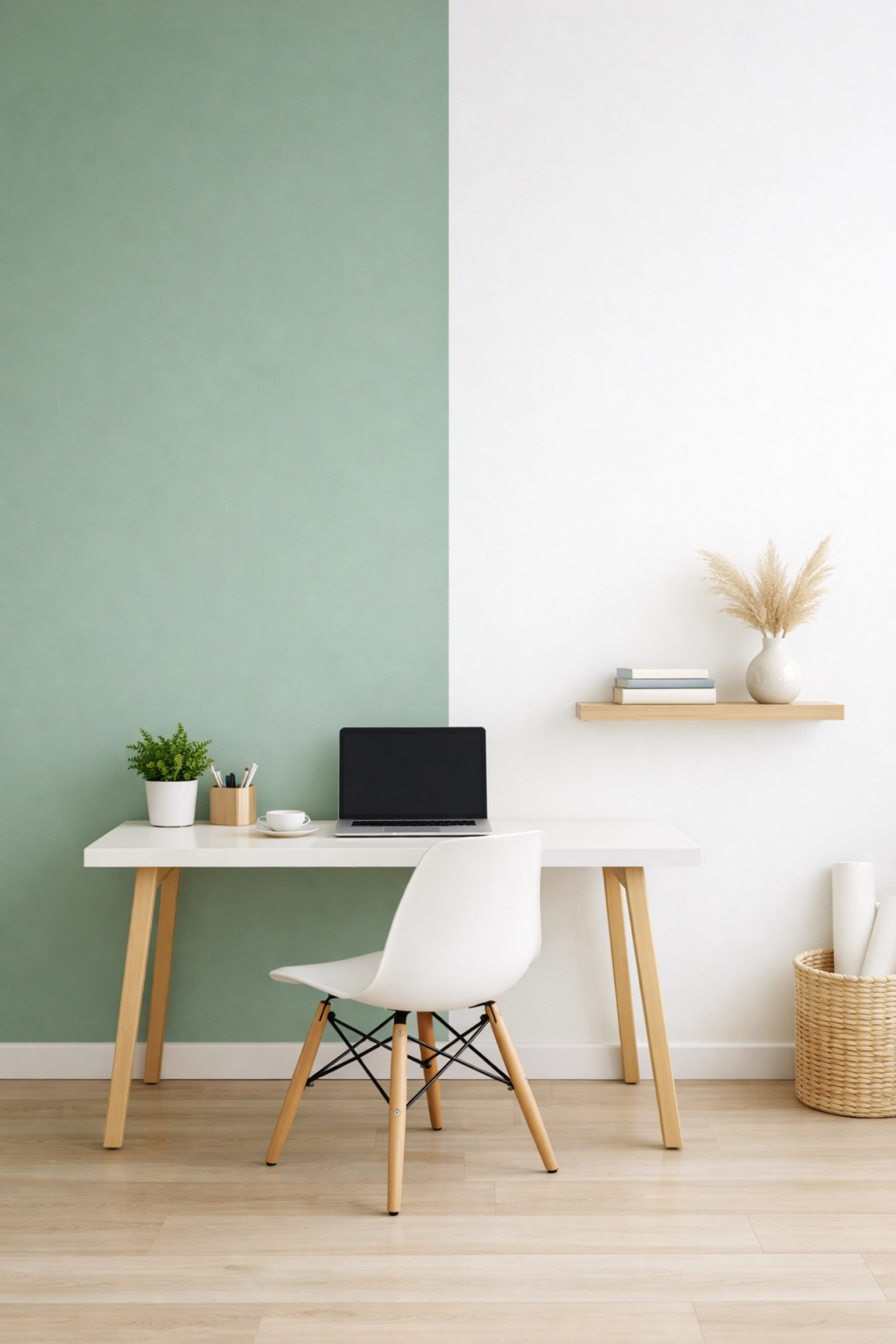 Sage green two-tone wall used to zone a home office in a Gloucestershire property.