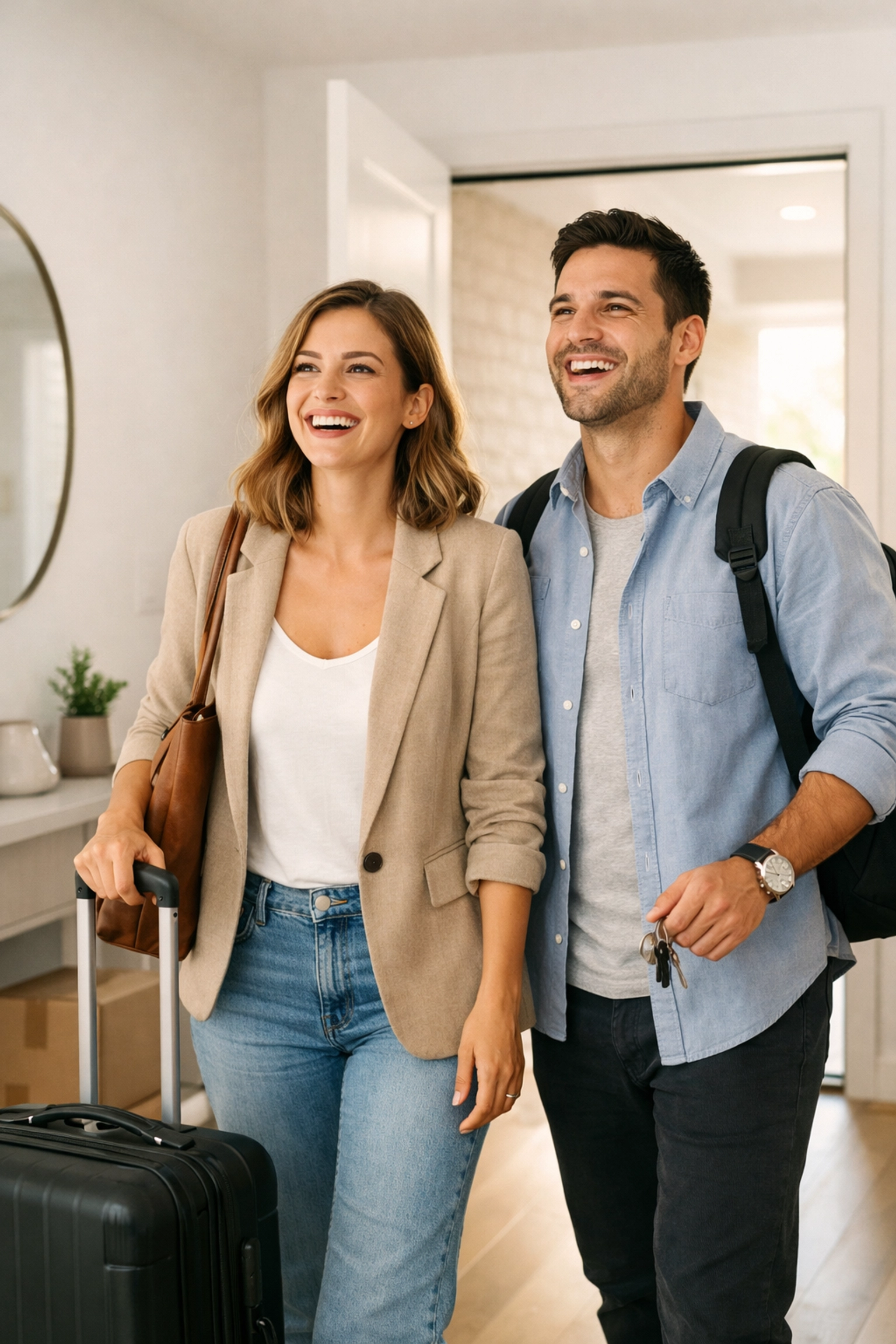 New tenants moving into a clean, sun-drenched apartment after a professional turnover.