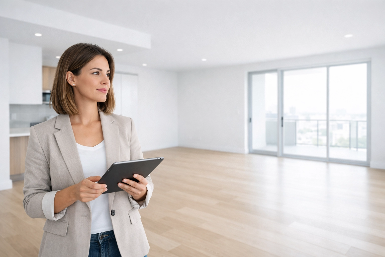 Property manager reviewing vacant apartment unit to assess turnover timeline and costs