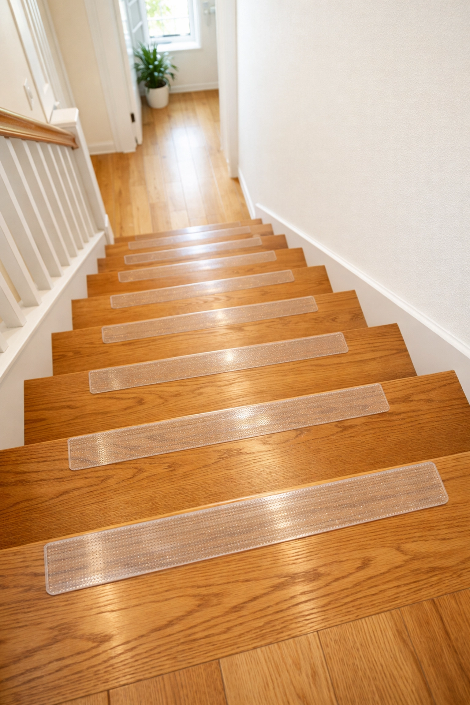 Clean wooden staircase featuring non-slip treads and bright lighting for visibility.
