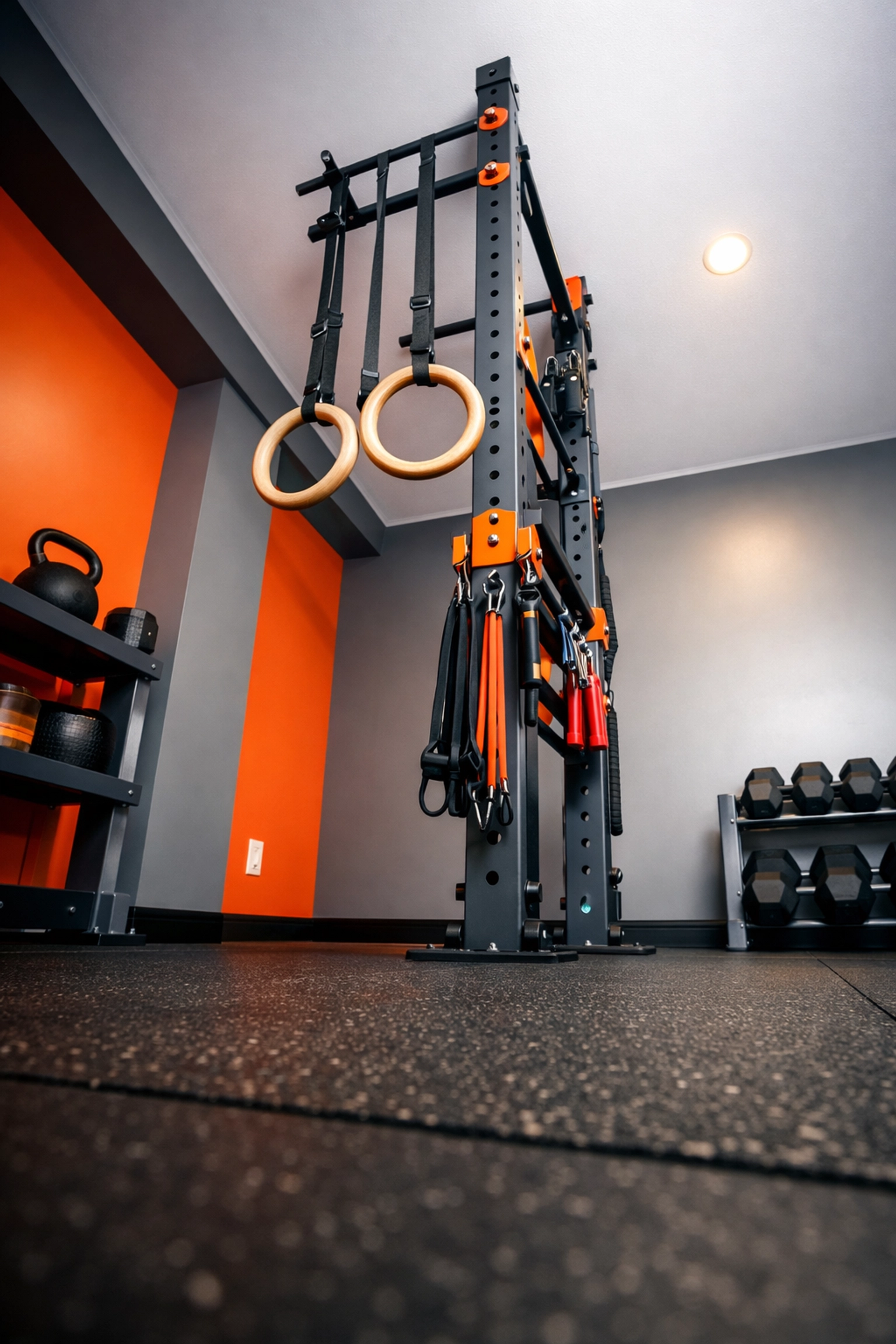 Versatile home gym setup with resistance bands and rings for a full body workout at home.
