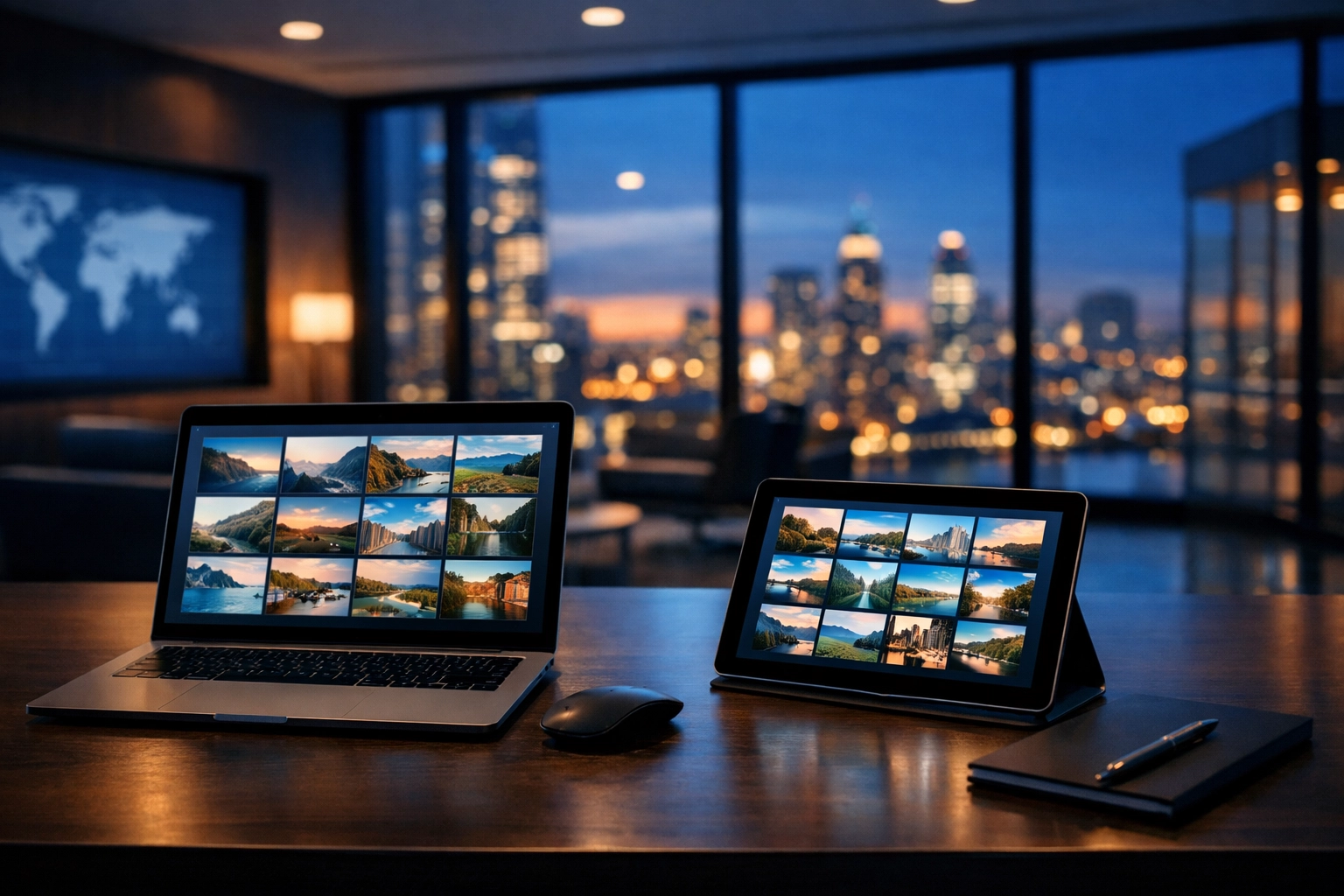 Centralized media asset repository on digital devices in a modern global marketing office.