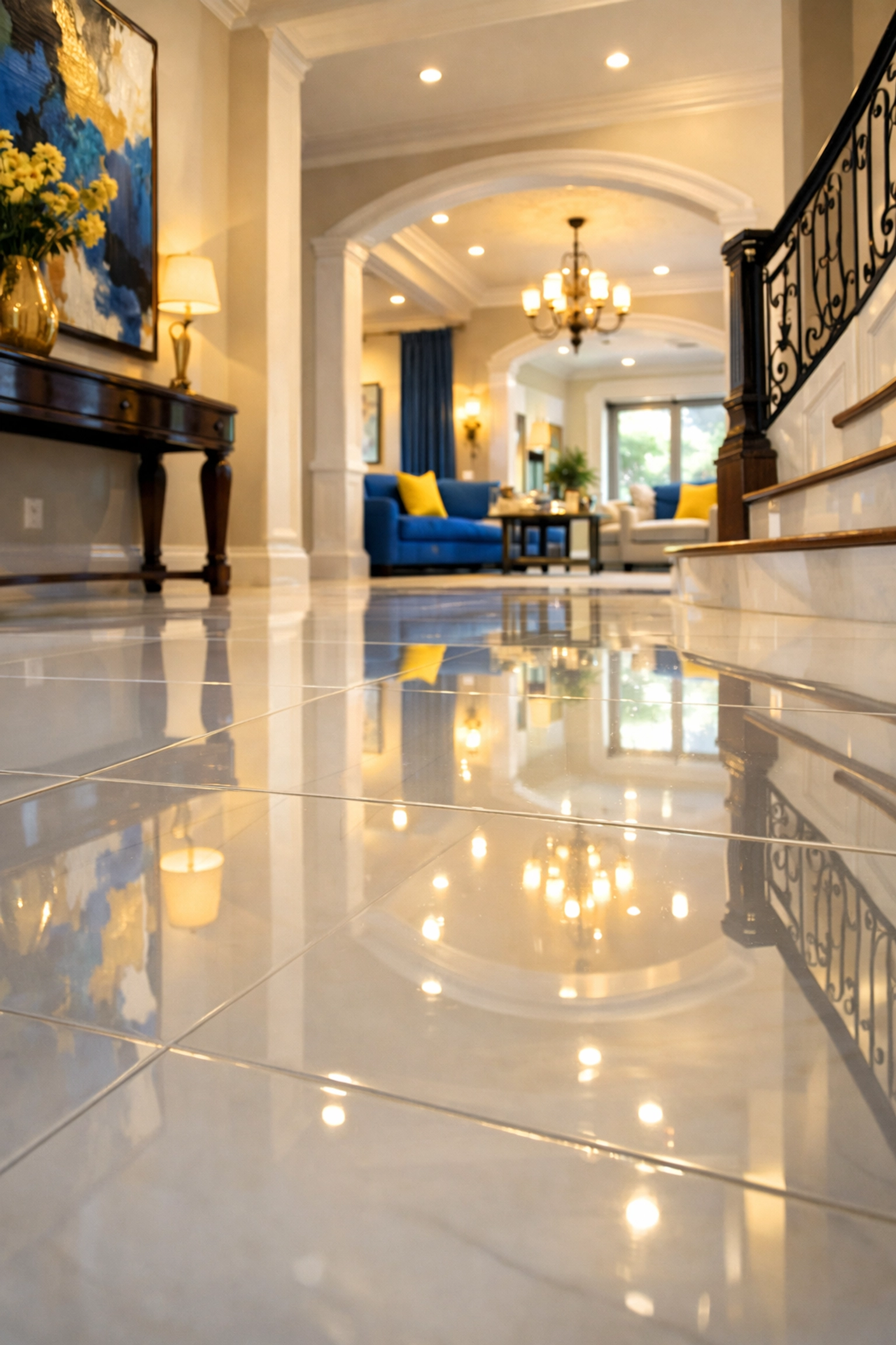 Gleaming white tile floors serviced by a reliable house cleaning service Marblehead MA.