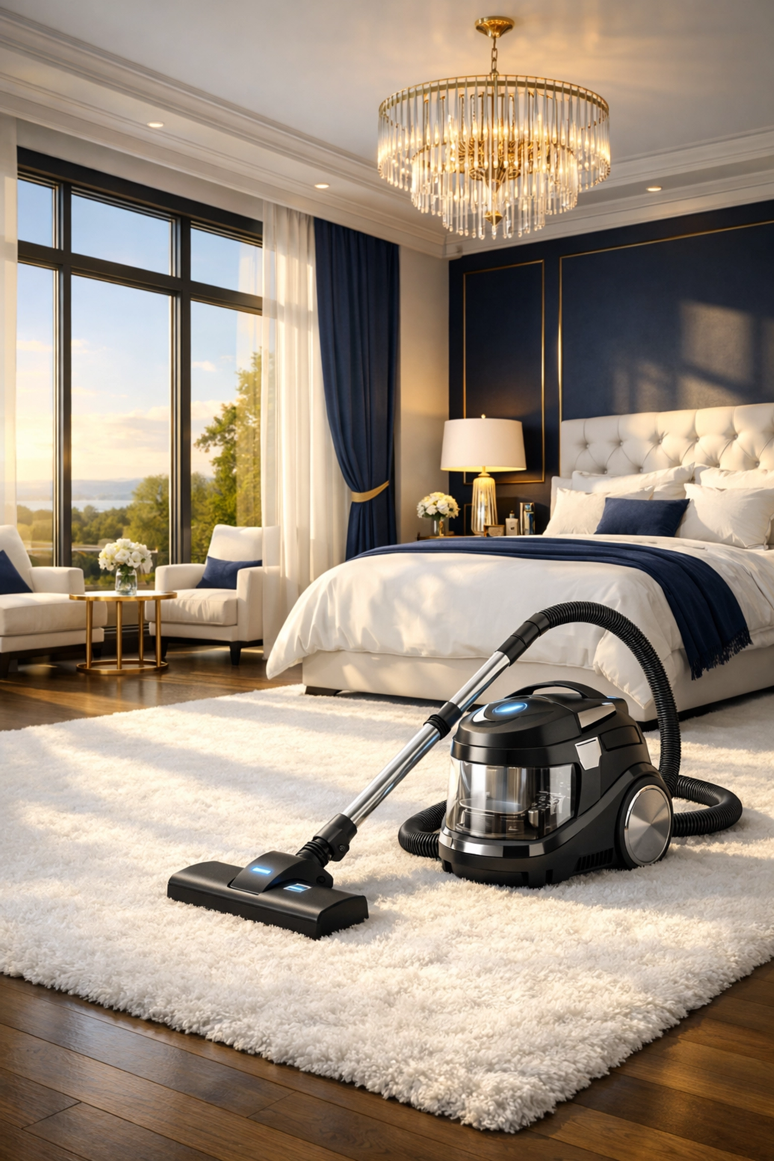Luxury residential cleaning Massachusetts using HEPA filtration to ensure pristine air quality in a sunlit master suite.